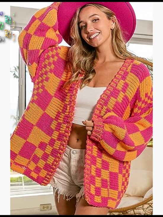 Vintage Plaid Cardigan Sweater Chunky Knit Oversized Boyfriend Style Open Front - Picture 4 of 7